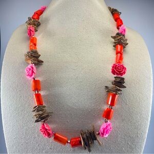 Necklace Statement Boho Bold Chunky Coral Wood Roses Beaded Unique One of a Kind